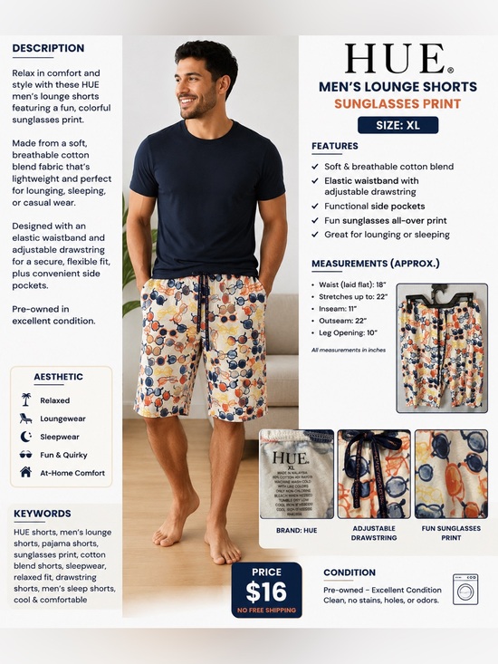 HUE Other - HUE White Lounge Shorts with Navy, Orange & Yellow Sunglasses Print